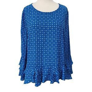 Worthington Shirt Top Tiered Bell Sleeves Ruffled Hem Flowy Blue Womens Size XL